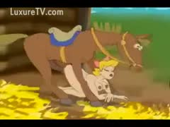A well-hung studhorse drills hard on an animated farm yard harlot.